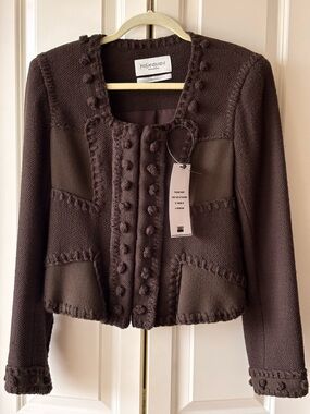 Yves Saint Laurent Dark Brown and Deep Plum  Textured Wool Blend Cropped Jacket